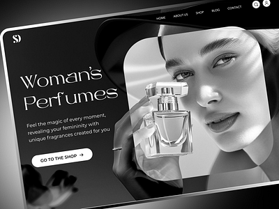 Perfumes webdesign, UI, main screen, Woman, black and white black design elegant landingpage minimalism modern perfumes ui ui design webdesign white woman