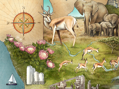 African Map africa calendar compass digital painting elephant landscape maps ocean proteas sea springbuck tree