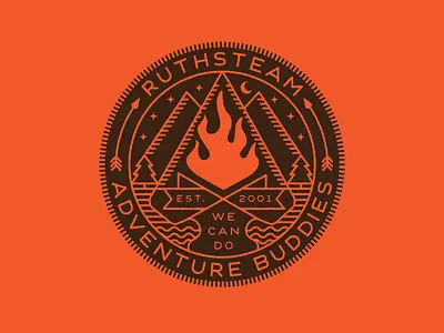 Ruthsteam Badge Final arrowhead arrows badge campfire illustration mountains night river trees