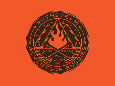 Ruthsteam Badge Final arrowhead arrows badge campfire illustration mountains night river trees