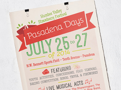 Pasadena Days banner event music poster print strawberries typography vector