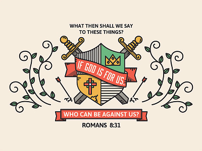 Romans 8:31 badge banner flat illustration line scripture shield simple swirls sword verse vines