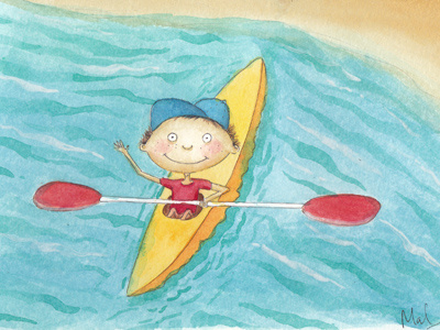 Kayaking beach boy illustration kayak paddle sea watercolour