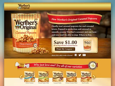 Werthers Original Product Promotion Landing Page coupon food front end design gold landing page photoshop layout popcorn product promo ribbon user experience user interface web design