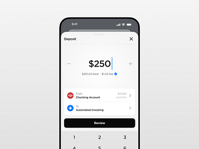 Deposit amount bank clean deposit drawer finance fintech grayscale input investing ios keyboard light minimal mobile stocks trading transactions transfer ui ux