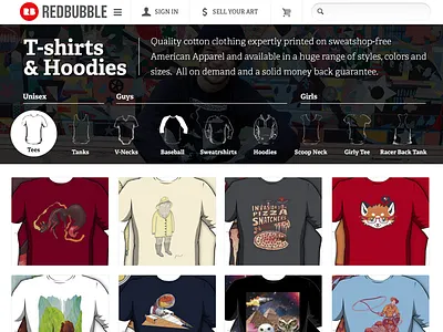 Clothing Landing Page clothing contrast ecommerce grid header hero illustration navigation redbubble t shirts usability