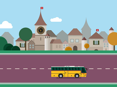 City blue bus castle city cloud green house illustrations road scenario swiss tree