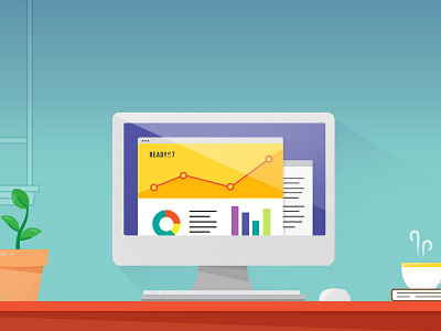 Desk v2 analytics coffee desk flat illustration office plant simple