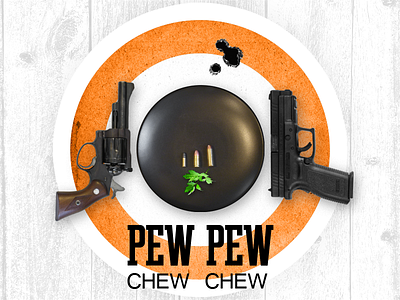 Pew Pew. Chew Chew. Invitation front. .357 magnum 9mm bullets guns target