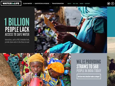 Detail shot of responsive website for non-profit colorful grid non profit responsive video water website