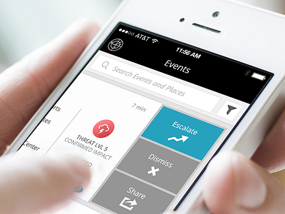 Events Card card dismiss escalate filter mobile search share side swipe supply chain threat level ui