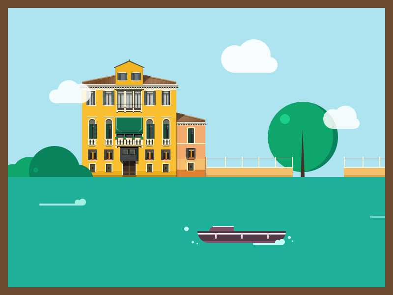 Nice day boat bubble cloud fish green house illustrations purple sea tree yellow
