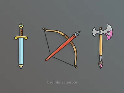 Creativity as weapon art axe bow brush creativity pen pencil sword weapon