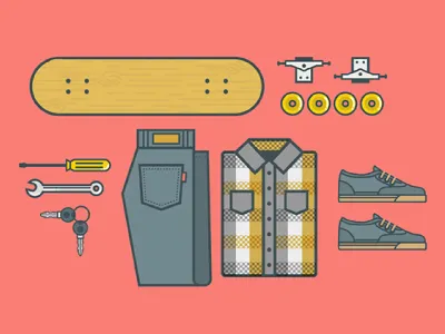 Josecito icon illustration jeans keys outfit plaid shirt shoe skate skateboard tools