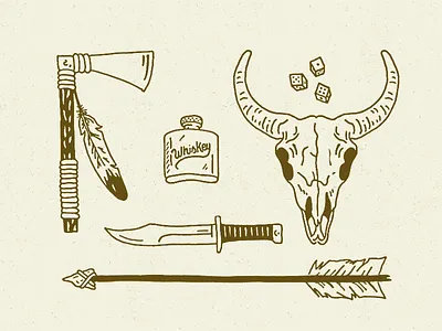 The Hunt is a Gamble dice hatchet icons illustration indian items line art native american outdoors skull vintage whiskey