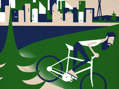"Roam" beard biker buildings hills outdoors screen print seattle skyline trees