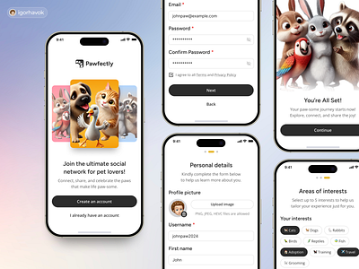 Pawfectly - Onboarding, Sign Up flow ai android app branding design flow ios logo minimalist mobile onboarding pets registration sign up social network ui ux