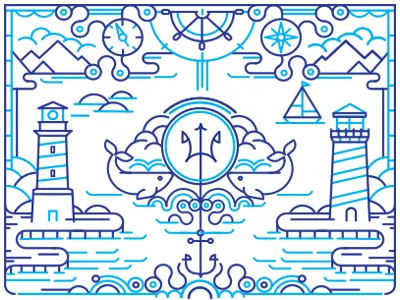 Sea Explorer anchor compass lighthouse line ocean rocks trident vector whale yacht