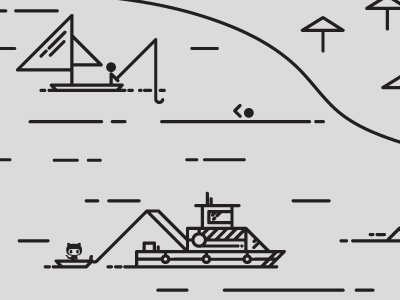 Pulling Repositories to Shore boat fish github hook illustration line person sail swim tugboat umbrella window