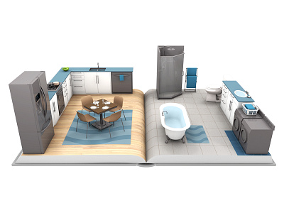 HomeWater 101 - Book Illustration 3d 3d illustration bathroom bathtub c4d kitchen model realistic render tile utilities water