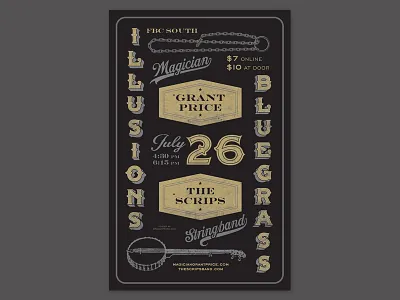 Illusions & Bluegrass - Show Poster banjo bluegrass gig handcuffs illusions magic magician poster typography