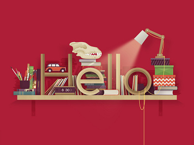 Hello books bookshelf brush car clock giclee illustration lamp newspapers pencils typography vector