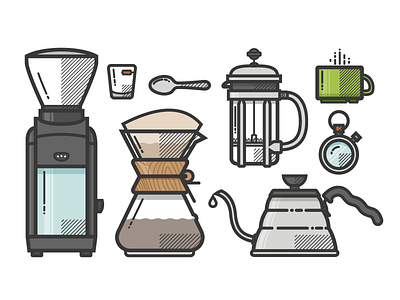 Coffee chemex coffee french press grinder icons illustration kettle shot glass spoon stop watch