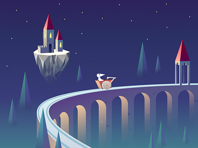 dream 2d blue castle flat girl illustration lowpoly monumentvalley night sky star