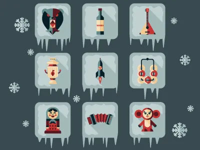 Stereotypes about Russia bear culture flat illustration matrioshka rocket russia snow stereotype vector vodka