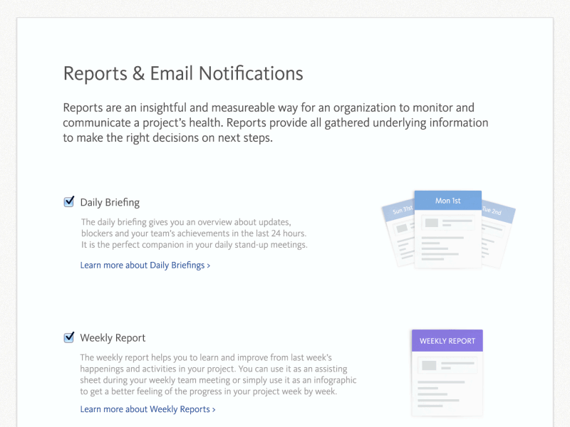 Blossom Reports app blossom checkbox digest graph paperplane product project reports stats summary