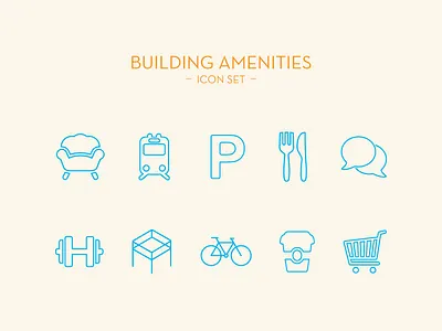 Icon set - Building amenities amenities bicycle blue cafeteria chair coffee shop fitness icon line parking rooftop transportation