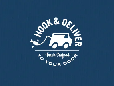 H&D badge deliver enclosure fish fishing pole logo seafood truck