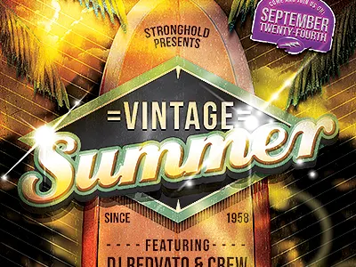 Vintage Summer Surfboard Flyer Template nightclub palm tree party flyer shiny sky stylish summer summer party surf surfer vintage white
