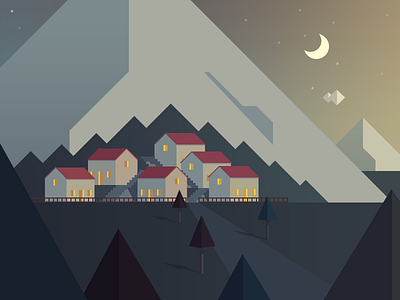 Village evening version (full view) cloud forest house moon mountain night sky star tree village