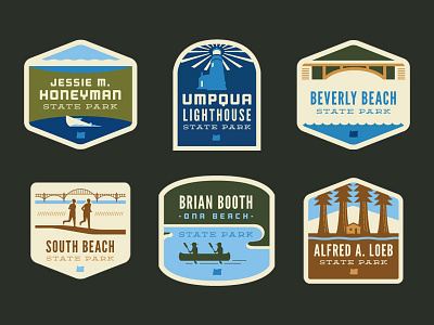 Oregon State Park Badges (Next Six) badges beaches boating cabin canoeing coast illustration lighthouse oregon redwood state parks