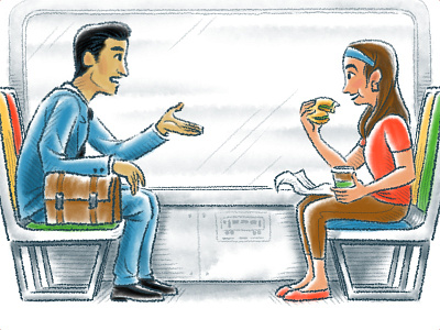 Train conversation. bagel sandwich conversation drawing illustration ipad man people subway train woman