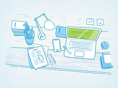 Old Projects on Desk clean contour desk illustration lines projects startup vector