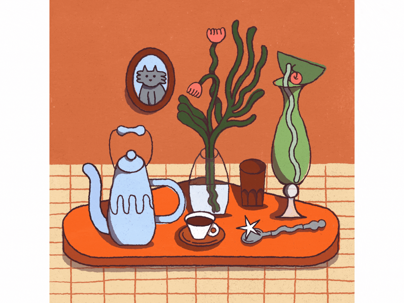 Daily Delights animation cat cocktail coffee cup flowers glass illustration motion motiongraphics muti orange shiny spoon stillherestilllife table teapot texture warm