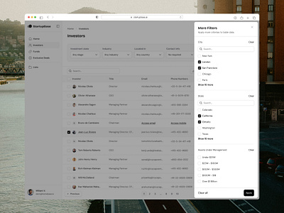 Investor Filter Dialog design investor minimalistm ui web app
