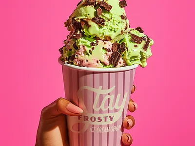 Stay Frosty Ice Cream Shop branding cpg ice cream illustration lettering logo logotype pink restaurant retro