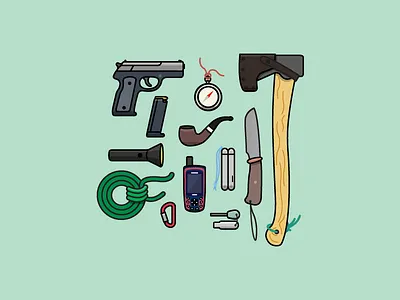 Manly Camping Gear axe camping compass flint gun illustration knife pipe pistol rope vector