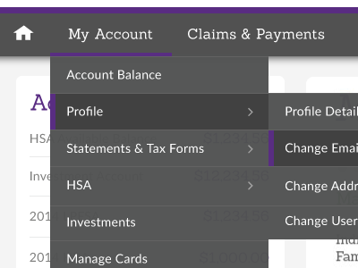 Account Navigation dropdown menu navigation nested opacity