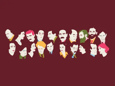 The Bloomsbury Group Network faces famous icon illustration. colour literature