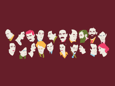 The Bloomsbury Group Network faces famous icon illustration. colour literature