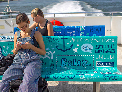 East River Ferry Benches anchor east river ferry hand lettering illustration nautical nyc turquoise typography