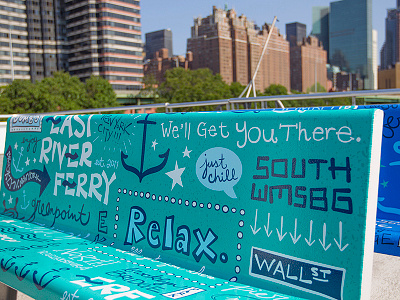 East River Ferry Benches anchor east river ferry hand lettering illustration nautical nyc turquoise typography