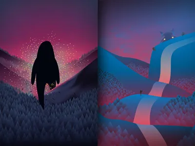 Never Look Back / Hello art artwork book creatures design forest hello illustration landscape mountains neon pop surrealism