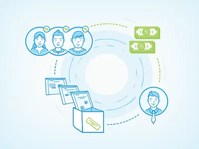 Deliver & Get Paid Illustration avatars box collaborate contour graphic illustration line money payment startup vector