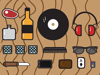 Go bag. bottle flask headphones illustration matches record sun glasses wayfarers whiskey