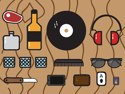 Go bag. bottle flask headphones illustration matches record sun glasses wayfarers whiskey